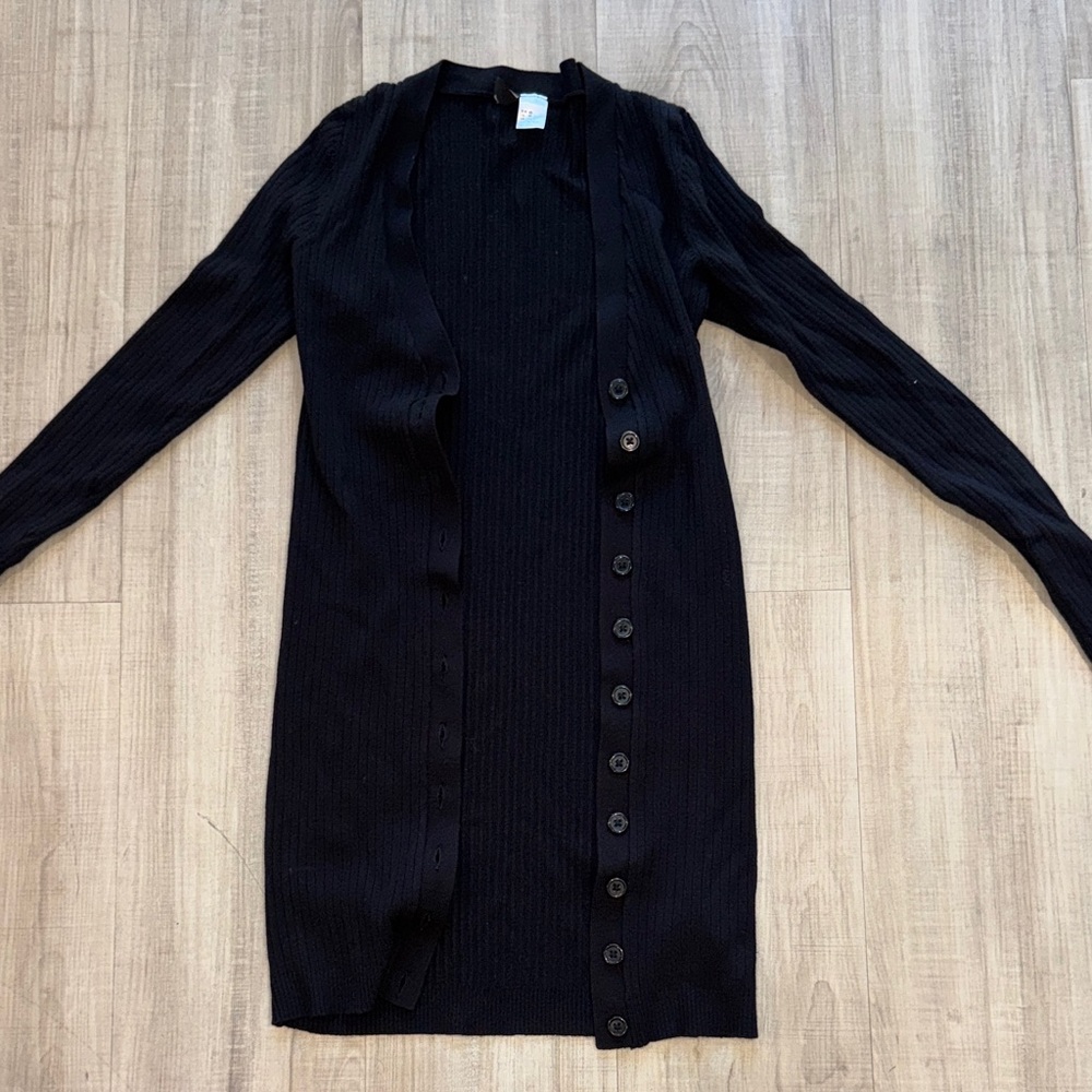 Long Black Ribbed Button-Up Cardigan junior girls petite women size XS beach